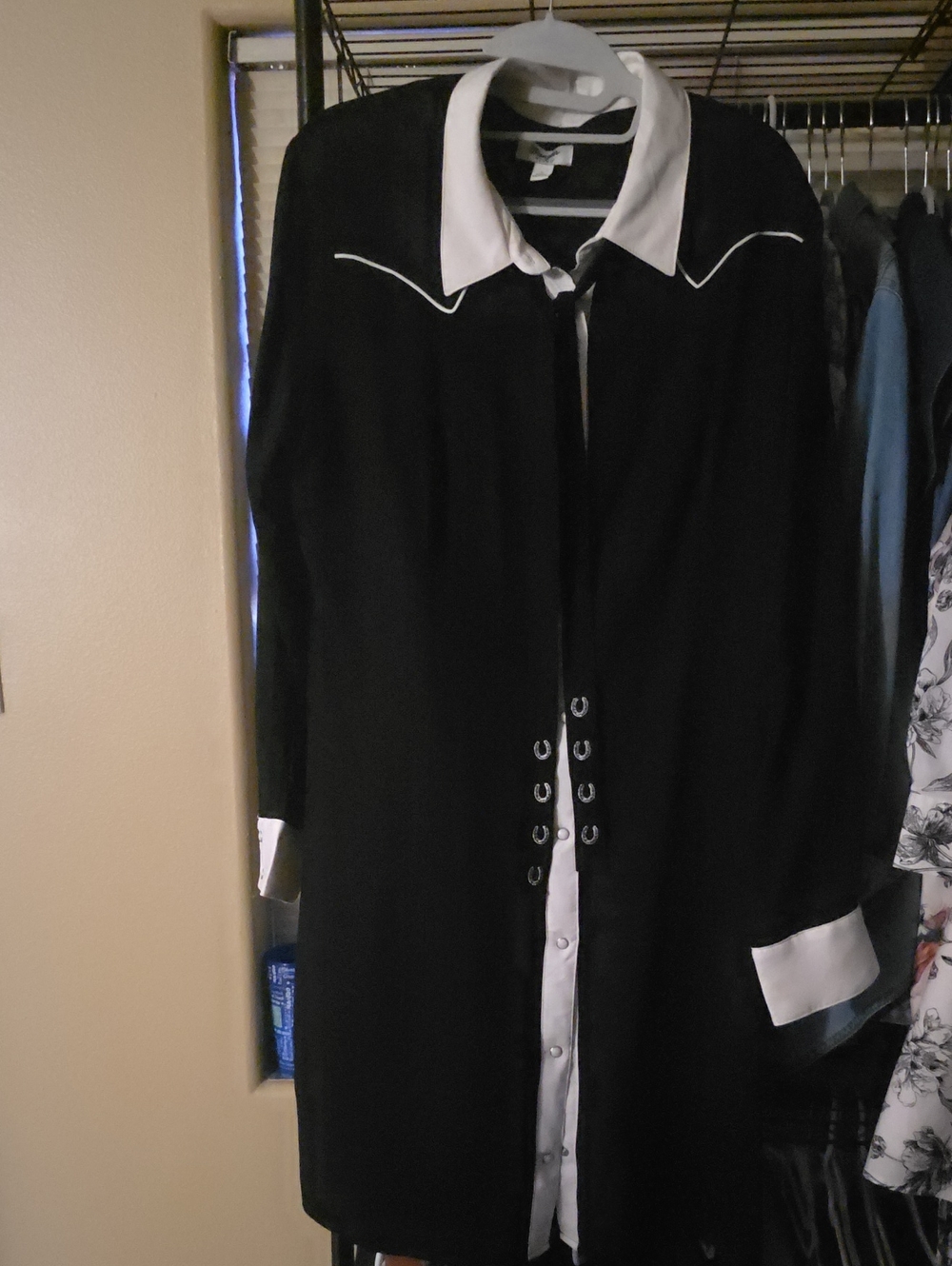 Black Button-Front Shirt Dress with White Contrast Collar & Cuffs
